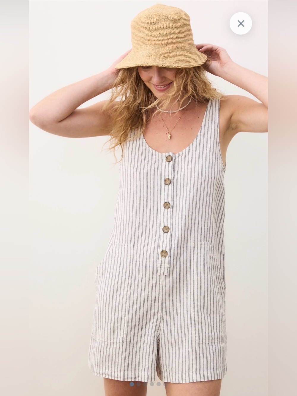 Marine Layer Striped Linen Blend Sleeveless Romper in Ivory and Navy stripe